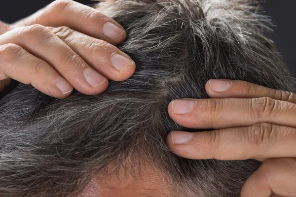 Uomo esaminando i suoi capelli bianchi — Foto Stock