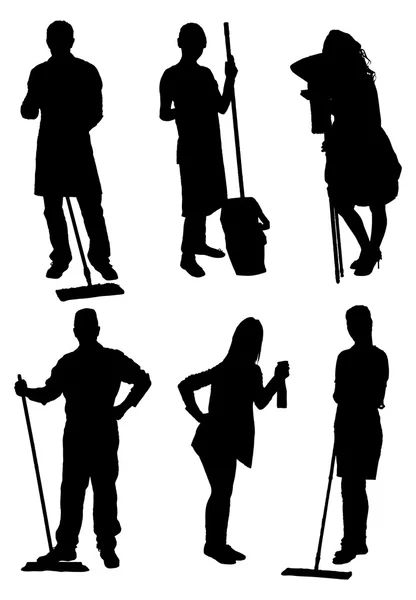 Conjunto de personas de limpieza Siluetas — Vector de stock