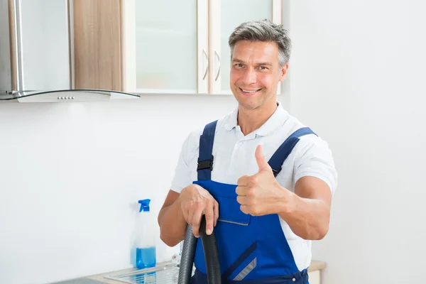 Happy Janitor Gesturing Thumbs Up — Stock Photo, Image