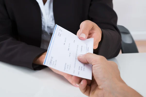 Giving Cheque To Other Person — Stock Photo, Image