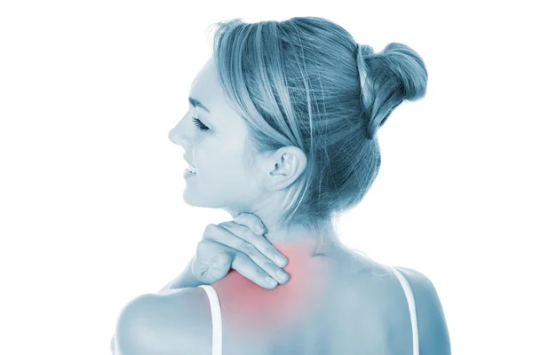 Mulher que sofre de dor no ombro — Fotografia de Stock