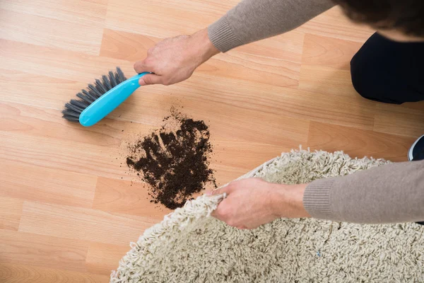 Limpieza de lodo en el piso de madera dura en casa — Foto de Stock