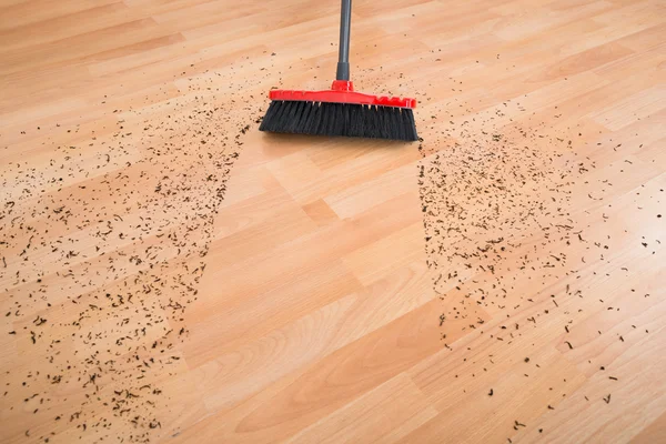 Broom Cleaning Dirt On Hardwood Floor — Stock Photo, Image