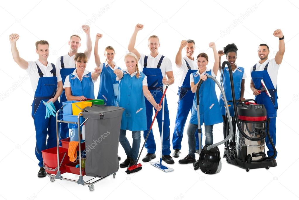 Happy Janitors With Arms Raised