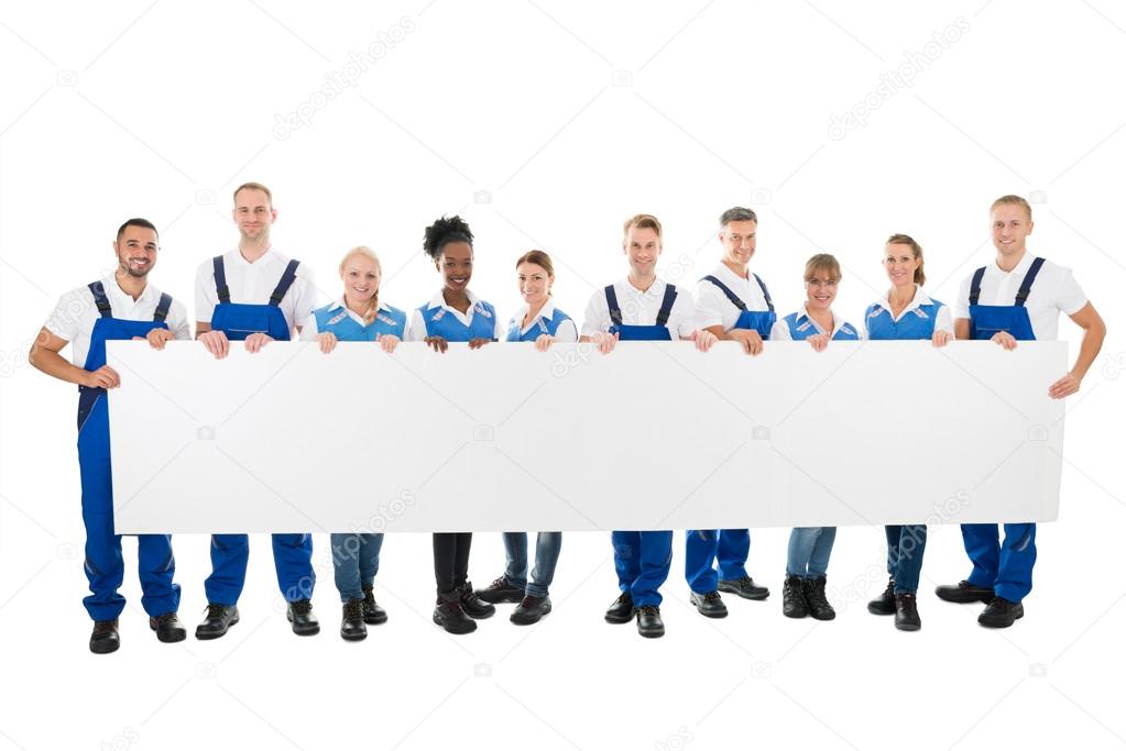 Janitors Holding Blank Billboard