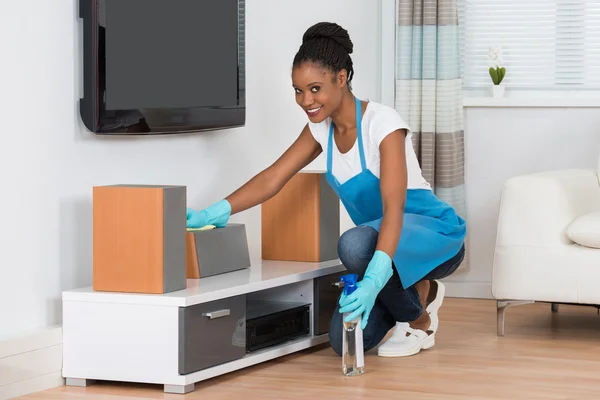 Frau putzt Wohnzimmer — Stockfoto