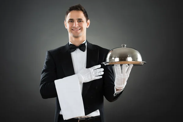 Happy Waiter With Tray And Towel — Stock Photo, Image