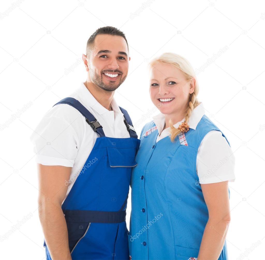 Happy Male And Female Janitors