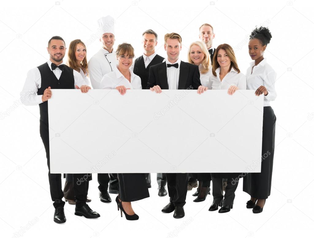 Restaurant Staff Holding Blank Billboard