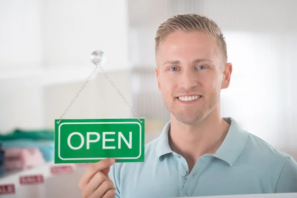 Male Owner Holding Open Sign — Stock Photo, Image