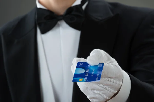 Midsection Of Waiter Holding Credit Card — Stock Photo, Image