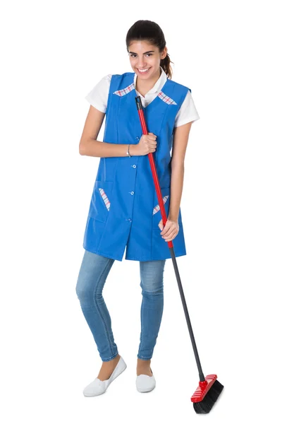 Happy Female Janitor On White Background — Stock Photo, Image