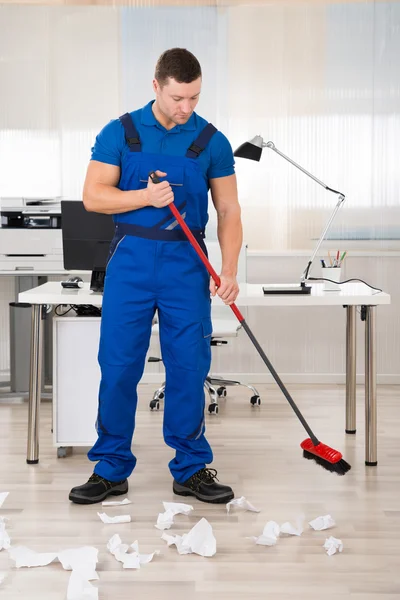 Smiling Janitor Holding Broom — Stock Photo, Image