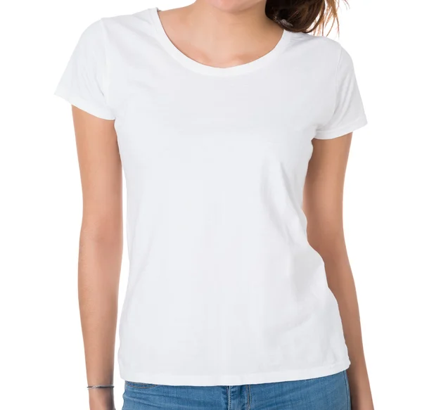 Femme portant un t-shirt blanc vierge — Photo