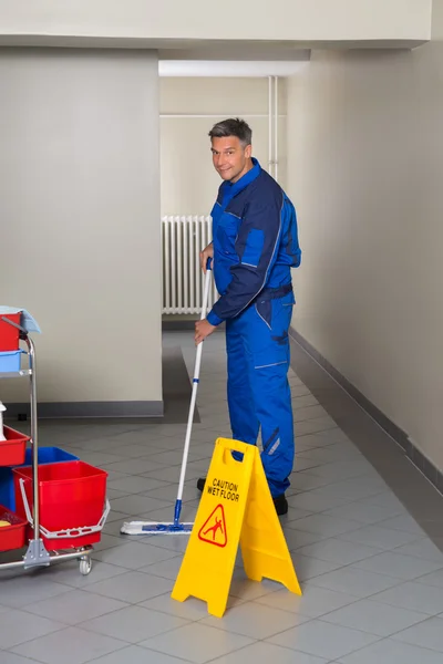 Male Worker With Broom Cleaning — Stock Photo, Image