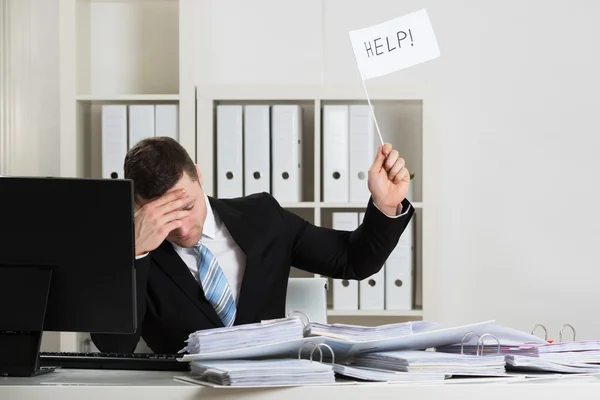 Overworked Accountant Holding Help Sign — Stock Photo, Image