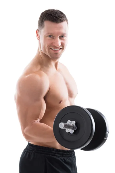 Homem Muscular feliz levantando halteres — Fotografia de Stock