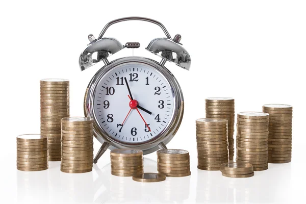 Alarm Clock And Coins Stacks — Stock Photo, Image