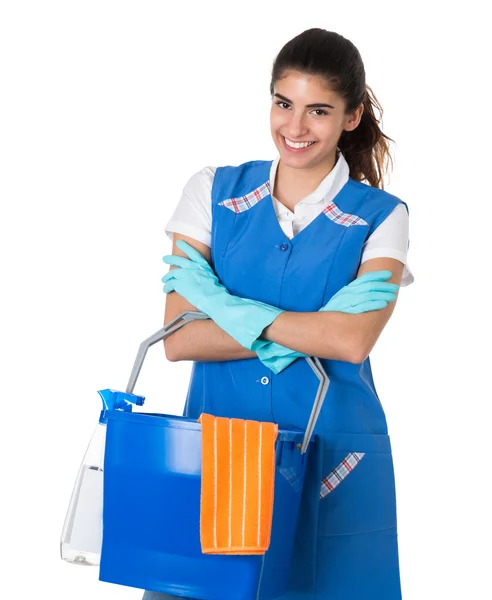 Confident Female Worker Carrying Bucket — Stock Photo, Image