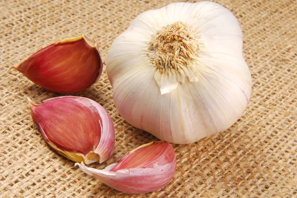 Garlic on hessian fabric — Stock Photo, Image