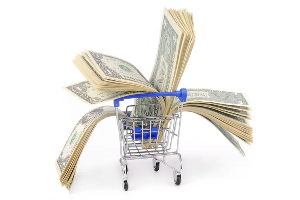 Carrinho de compras com dolares isoalted — Fotografia de Stock