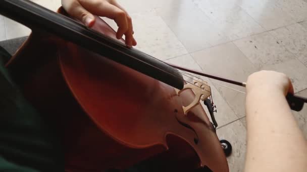 チェロを弾く少女 穏やかなビブラート スローモーション — ストック動画