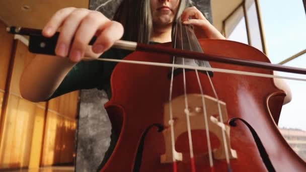 少女演奏大提琴 以桥头堡为重点的下视图 — 图库视频影像