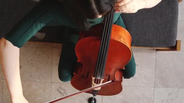 Flicka Spelar Cello Ovanifrån — Stockvideo