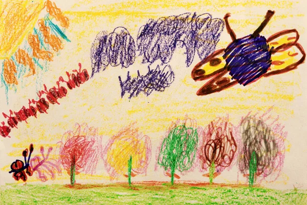 Семилетний Детский Рисунок Весенняя Концепция Бабочки Цветы Цвета — стоковое фото
