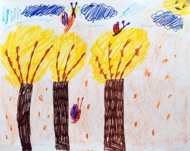 Yedi yaşındaki bir çocuğun çizimi, doğada mutlu bir gün, sarı ağaçlar, kelebekler. 