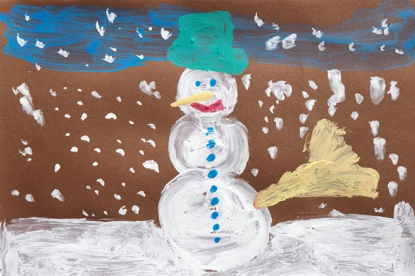 Dessin Enfant Sept Ans Bonhomme Neige Dans Champ Enneigé — Photo