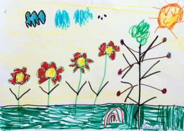 Yedi yaşındaki bir çocuğun çizimi, tarladaki kırmızı çiçekler, bahar ya da yaz konsepti.. 