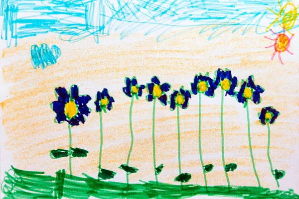 7歳の子供の絵 畑の青の花 ストック画像