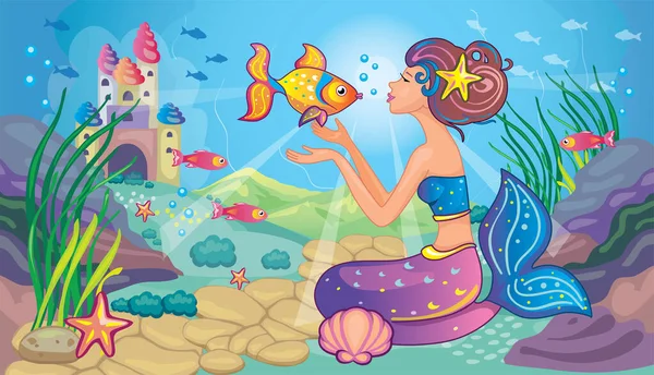 美丽的公主或美人鱼与金鱼 有趣的仙女迷人的海底风景 壁纸的海洋背景 儿童卡通画供印刷用 可爱的娃娃 — 图库矢量图片