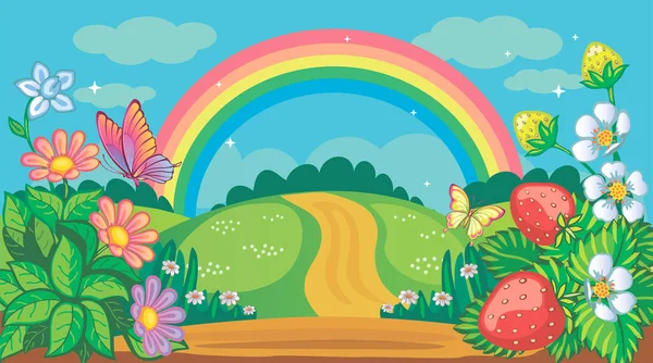 Fairytale Background Flower Meadow Road Rainbow Countryside Farm Fabulous Forest — Stock Vector