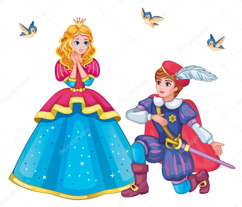 Beautiful fairytale Elf princess and prince with sword. Set characters. Children`s illustration for print and sticker. Isolated illustration on white background. Romantic story. Wonderland. Vector.