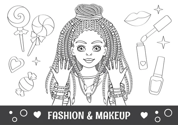 Linear Pencil Drawing Antistress Coloring Book Page Stylish Girl Fashionable — Stock Vector