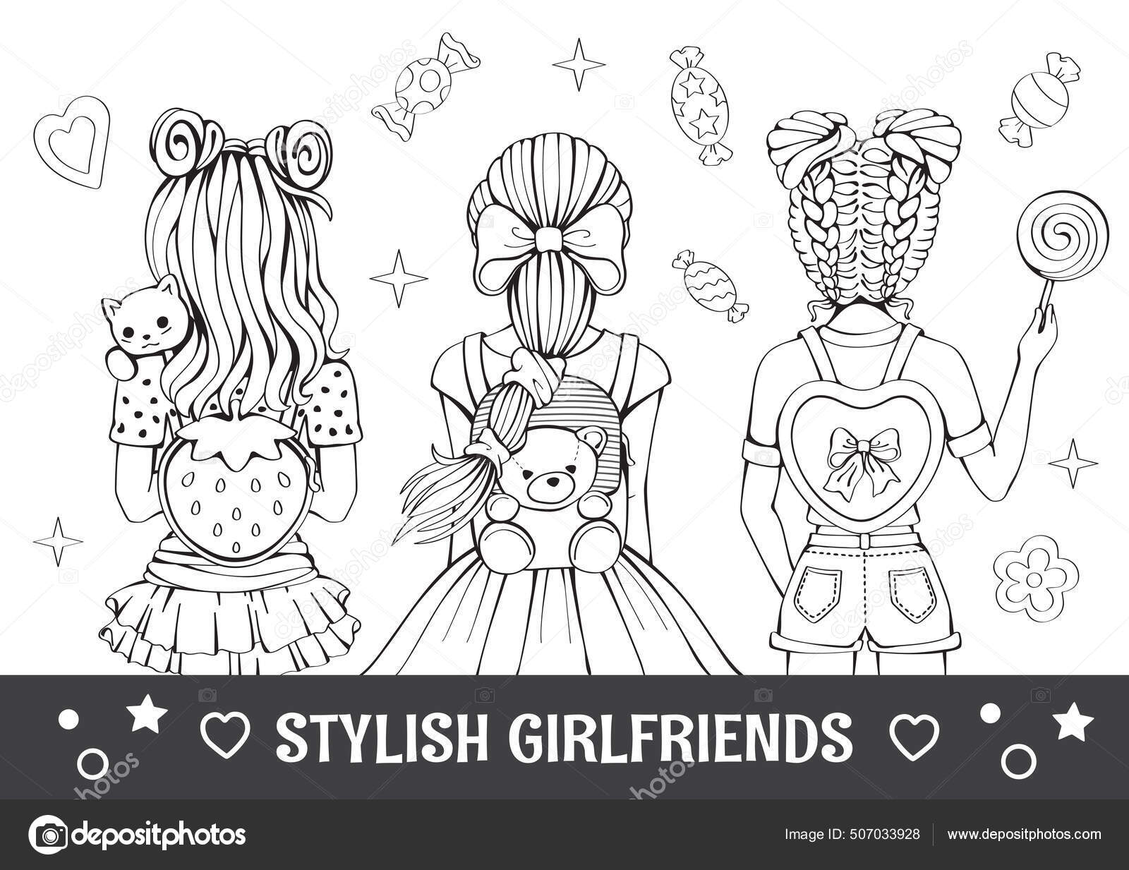 Desenho Lápis Livro Colorir Stress Página Melhores Amigos Menina Elegante  imagem vetorial de penochka1© 516021570