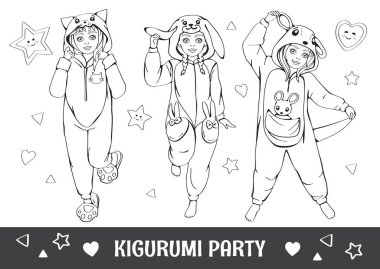 Doğrusal kalem çizimi. Stres önleyici boyama kitabı, Page. En iyi arkadaşlar. Çizgi filmlerdeki moda kızı. Kigurumi ya da pijama partisi. Mutlu ve komik bir karakter. Zen karışıklığı tarzı. Bebek ya da oyuncak. Çocuklar için illüstrasyon. Vektör.