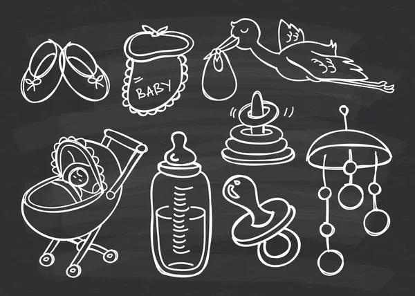 Baby spullen thema doodle op schoolbord — Stockvector