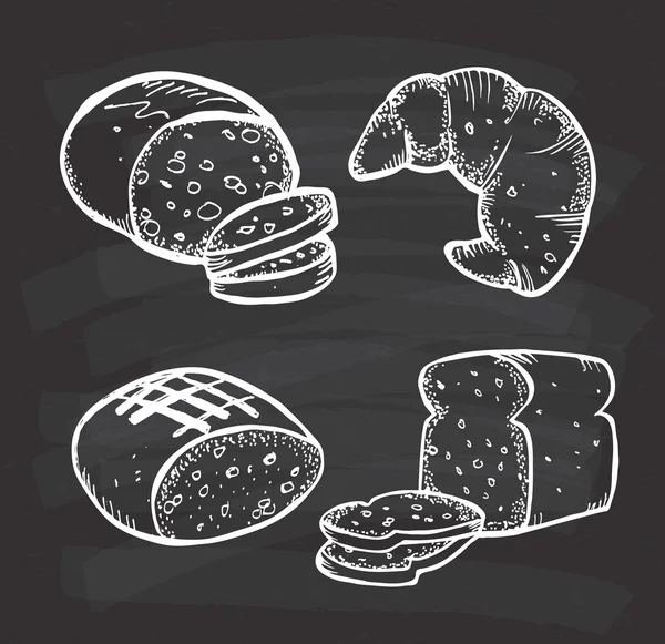 Kara tahta arka plan ekmek doodle kümesi — Stok Vektör