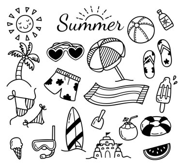 Yaz doodle izole kümesi