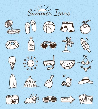 Yaz doodle izole kümesi