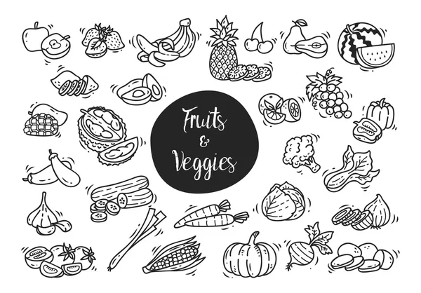 Doodle de frutas e legumes — Vetor de Stock