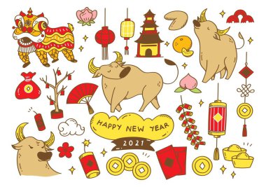 Çeşitli Çin Yeni Yıl teması simgeleri seti
