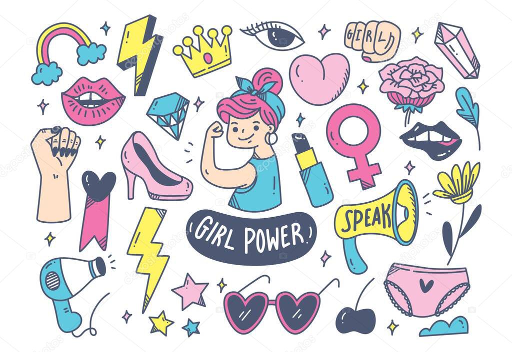 various girl power theme icons set with girl showing muscle 