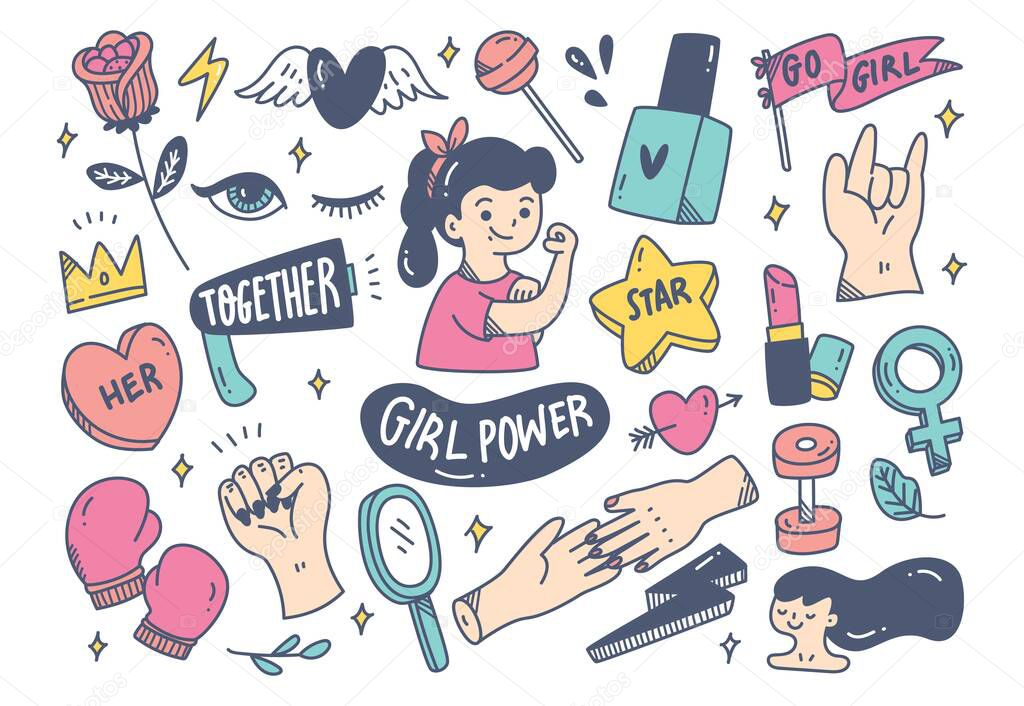 various girl power theme icons set with girl showing muscle 