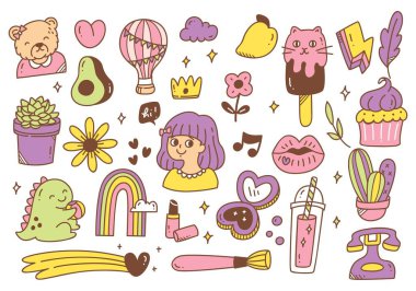 Kız ve hayvanlı çeşitli şirin çizgi film simgeleri.