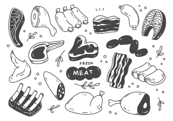 Conjunto Doodle Carne Desenhada Mão — Vetor de Stock