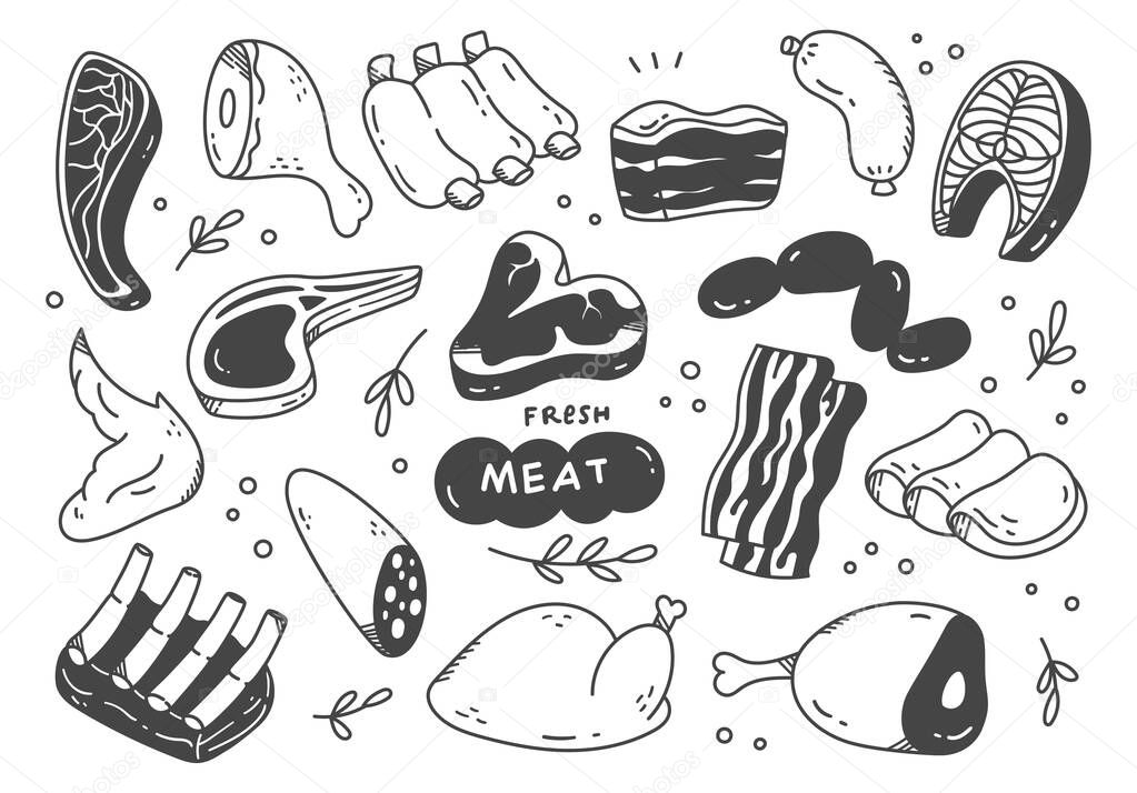 doodle set of hand drawn meat 